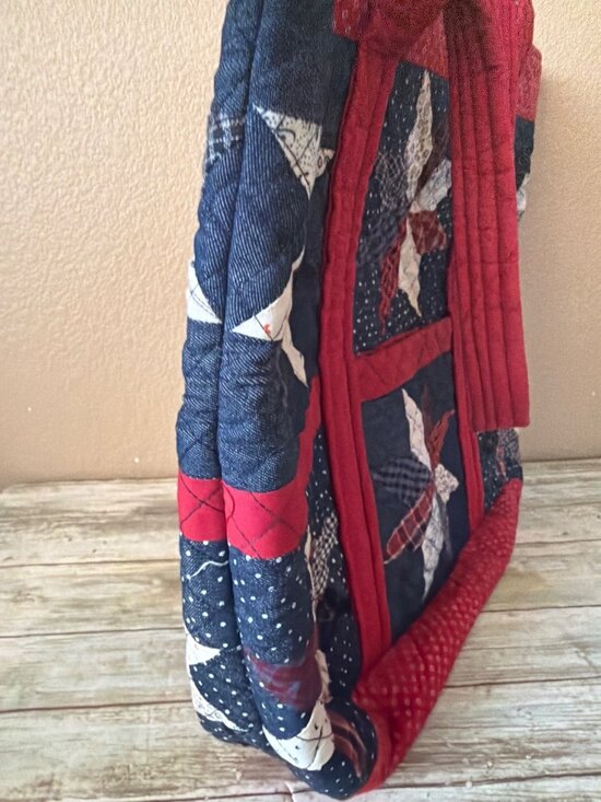 J Peterman Cotton Quilted Patchwork Tote Bag Americana Pinwheel Red Blue Vintage - Picture 3 of 15